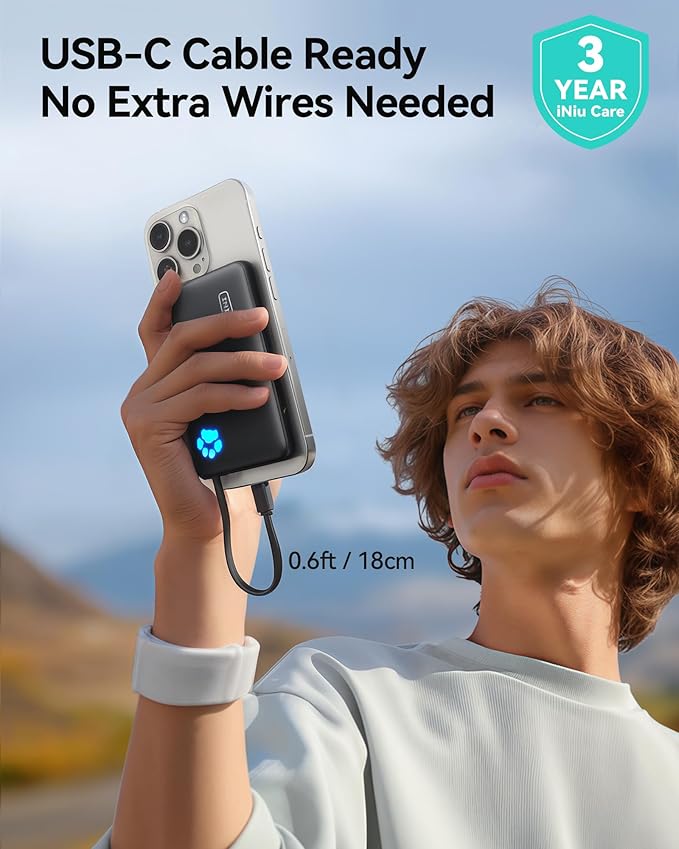 INIU Portable Charger, Slim 20W 10000mAh Power Bank with Build in USB-C Cable for Travel, Fast Charging USB C in&Out Battery Pack, External Phone Charger for iPhone 16 15 Samsung S22 S21 Google etc