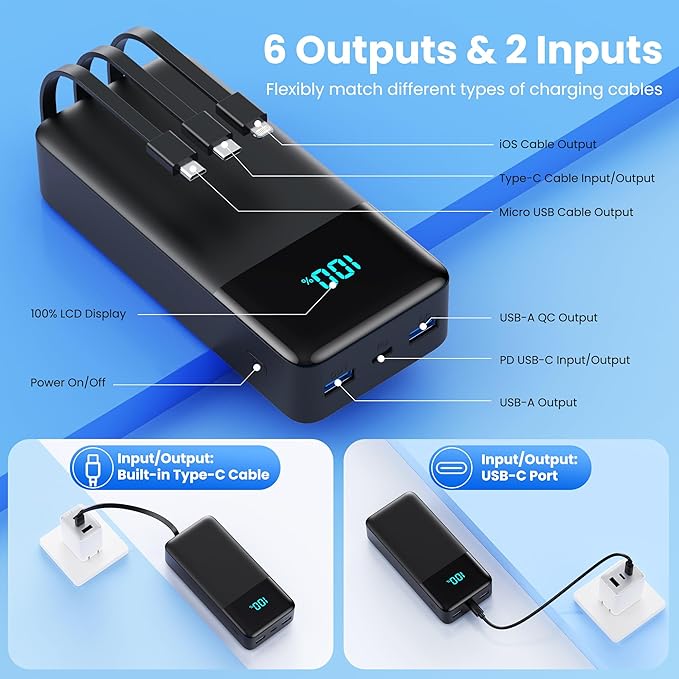Portable Charger 50800mAh Power Bank with 3 Built-in Cable,25W PD USB C in&Out Power Bank Fast Phone Charging,QC4.0 LED Display Portable Battery Pack Compatible with iPhone 16/15, Galaxy Android-Black