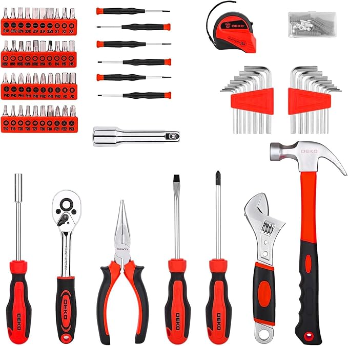 DEKOPRO Tool Set:158 Piece Home Tool Kit, Household Basic Repair Tool Set Comes with Plastic Storage Case-Red