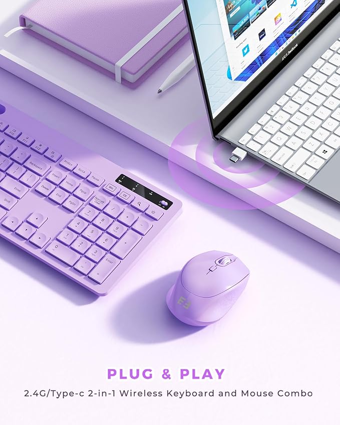 Wireless Keyboard and Mouse for MacBook, seenda Full-Size Purple Keyboard with Phone Holder, 2.4G USB A & Type C Receiver, Compatible for Mac, MacBook/Air/Pro Windows Computer/Desktop/Laptop