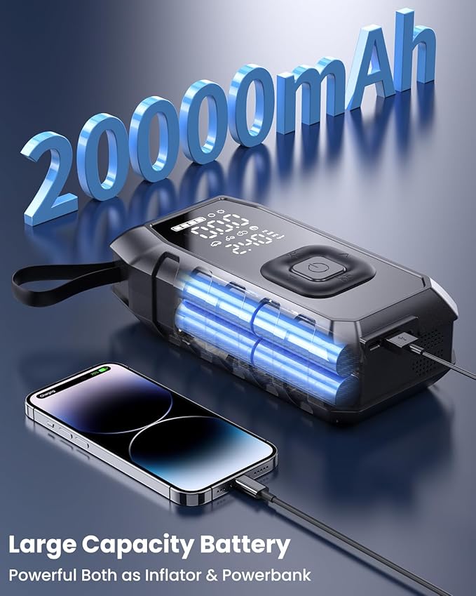 Tire Inflator Portable Air Compressor, 180PSI Faster Inflation Cordless Air Compressor, 20000mAh & 30W Fast Charge, Dual Cylinder Electric Air Pump for Heavy-Duty Vehicles, Car, Motorcycle, Bike, Ball