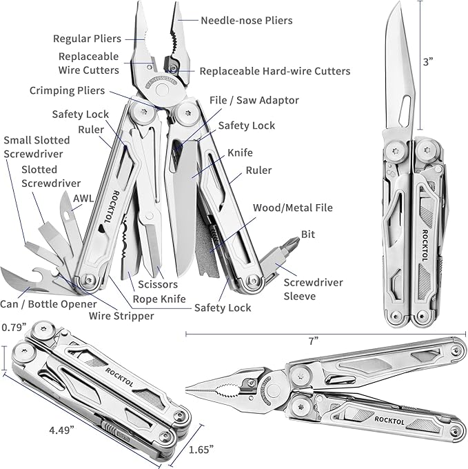 Multitool, 29-in-1 Multitool Pliers with Replaceable Wire Cutters and Saw, Heavy-duty Stainless Steel Multi-tool Set and Nylon Sheath for Camping Survival multi tool for Man
