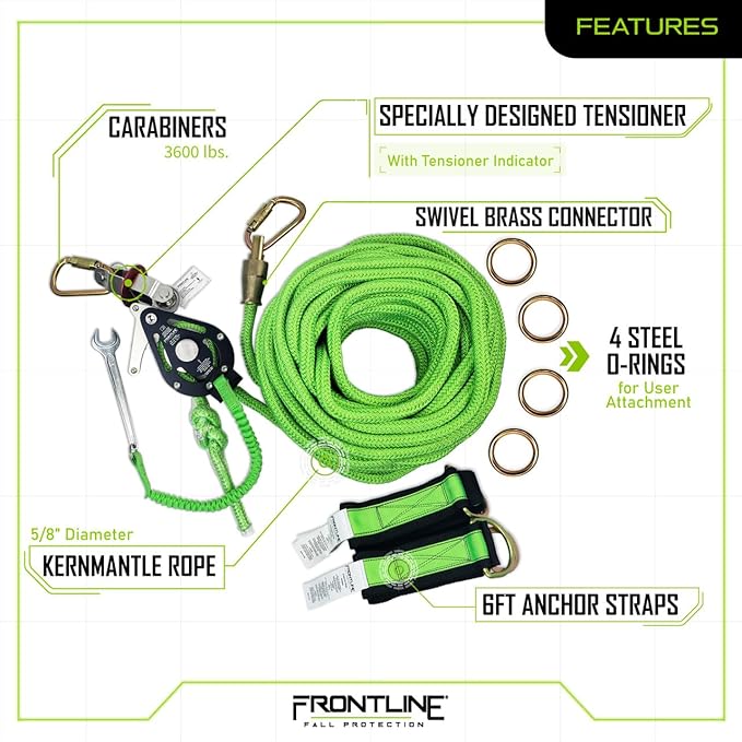 Frontline HLK1004 4-Person 100' Adjustable Horizontal Lifeline System with 6' Anchor Straps | OSHA & ANSI Compliant | Comes in Frontline Bag