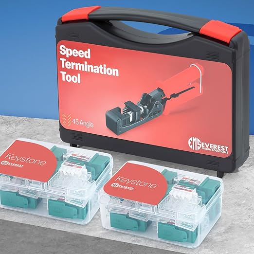 Everest easyJACK - 45° Angled Speed Termination Keystone Tool Set - with 20-Pack of RJ45 Cat6 Keystone Jacks in Green (Slim Profile Design) - Time Saver Network Punch Down Tool Cat6