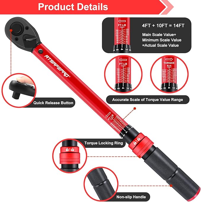 1/2-Inch Drive Click Torque Wrench,10-170FT.LB/13.6-230.5N/M & Dual-Direction, 72-Tooth Dual Range Scales Torque Wrench 1/2 Drive,Easy Use for Motorcycle,Car,etc