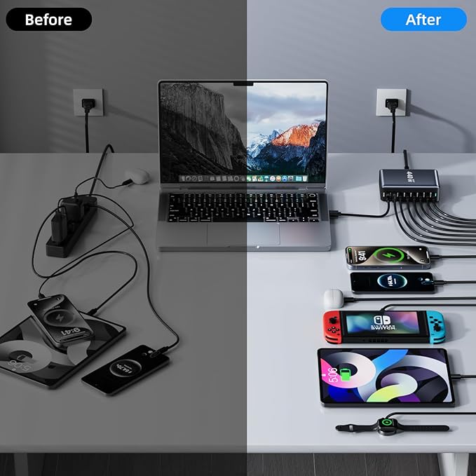 440W Fast Charging 8 Port USB C Charger Block, Multi-Device USB Charging Station Wall Desktop Charger with GaN Ⅲ Technology, USB-C Charger Adapter for MacBook/iPad/iPhone 16/Samsung Galaxy/DELL/HP