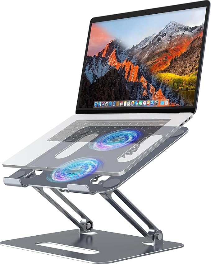 Adjustable Laptop Cooling Stand with 2 Quiet Fans & RGB Lighting, Aluminum Alloy & Foldable Ergonomic Design for MacBook, Lenovo, ASUS, Dell 10-16 Inch, Perfect for Gaming, DJ, Office - Gray