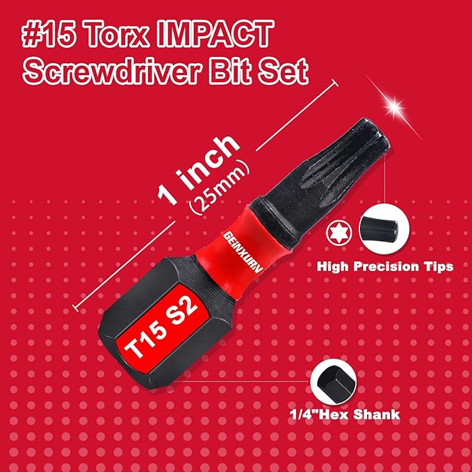 20Pieces 1 In. T15 Impact Tough Magnetic Screwdriver Bit Set, #15 Torx Head Insert Bits, S2 Alloy Steel Star Bits with 1Pc Impact Bit Holder and Storage M-Box