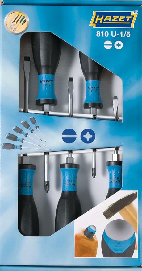 HAZET Screwdriver Set 810U-1/5 I 5-Piece, 3 X Slotted Screwdrivers, 2 X Phillips Screwdrivers I With Ergonomic 3-Component Handle for Maximum Power Transmission