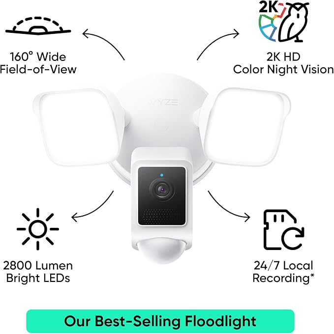WYZE Floodlight Camera v2, Security Camera Outdoor, 2K HD with Color Night Vision, 2800-Lumen LEDs, 160° Wide View, 105dB Siren, Works with Alexa & Google Assistant, Wired, Free Expert Support