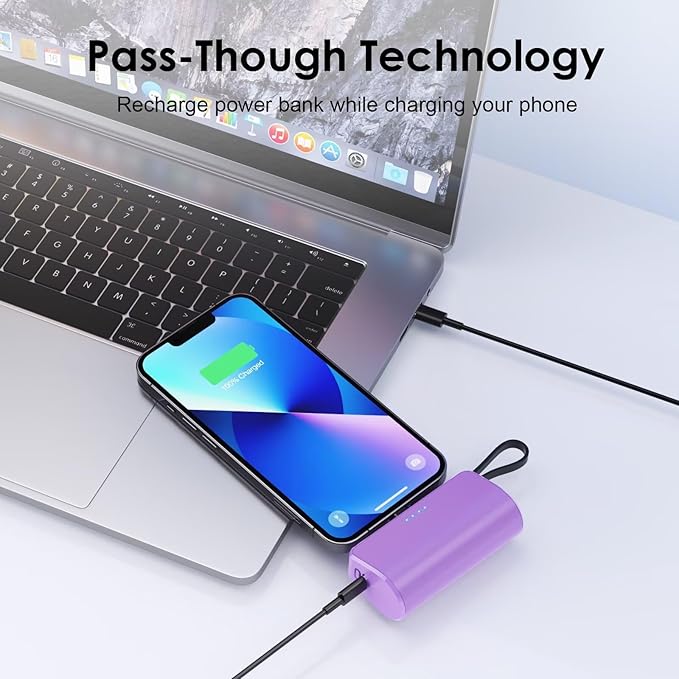 Mini Portable Charger for iPhone with Built-in Type-C Cable, 5200mAh Ultra-Compact Power Bank, PD 20W Fast Charging Battery Pack Phone Charger for iPhone 16/15/14/13, Samsung, Google, Android (Purple)