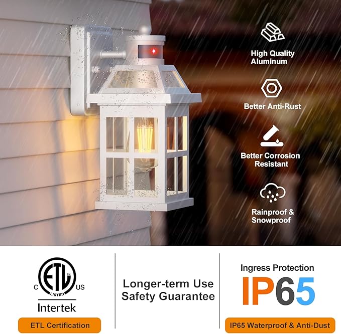 White Motion Sensor Outdoor Porch Lights Upgraded, Anti-Rust Aluminum Wall Mounted Light Fixtures Coastal Exterior Lights Wall Lantern Sconces Dusk to Dawn Outdoor Lighting, ETL Certified