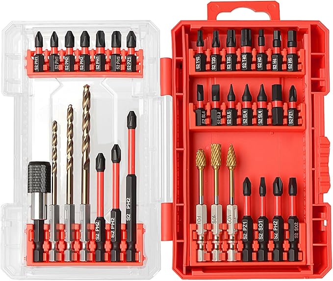 35Pcs Impact Drill and Driver Bit Set with a Storage Case, 28 Magnetic Screwdriver Bits, 3 Hex HSS Drill Bits, 3 Burrs, Magnetic Quick Change Chuck, for Power Screwdrivers