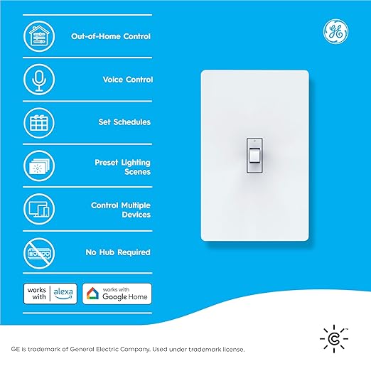 GE CYNC Smart Light Switch, Toggle Switch Style, No Neutral Wire Required, Bluetooth and 2.4 GHz WiFi 3-Wire Switch, Works with Amazon Alexa and Google Home, White (1 Pack)