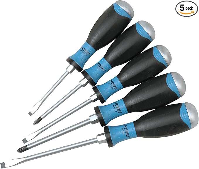 HAZET Screwdriver Set 810U-1/5 I 5-Piece, 3 X Slotted Screwdrivers, 2 X Phillips Screwdrivers I With Ergonomic 3-Component Handle for Maximum Power Transmission