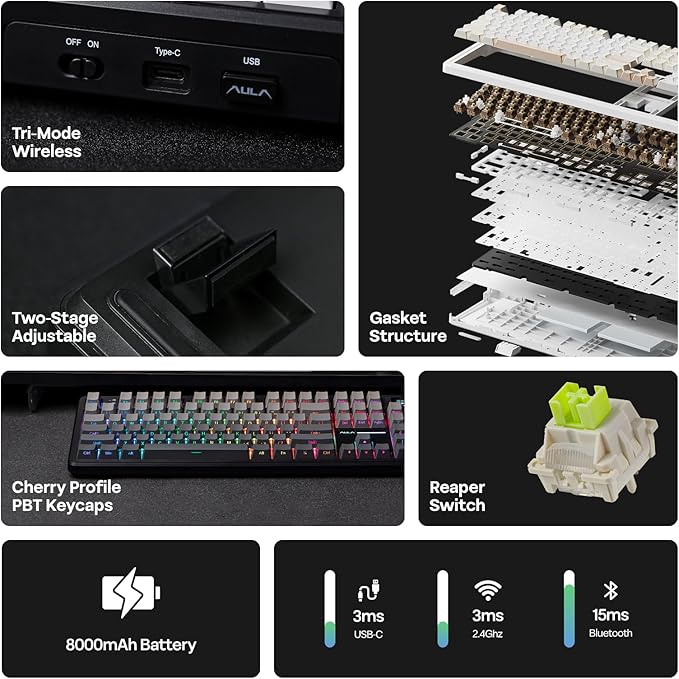 EPOMAKER X Aula F108 PRO Wireless Gaming Keyboard with Screen, 8000mAh Battery, 104 Hot-Swappable and Programmable Keys and Knob, RGB Backlight, for Mac/PC/Android (Black Gradient)