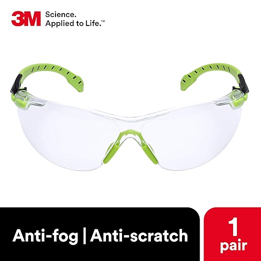 3M Safety Glasses, Solus 1000, S1201SGAF, ANSI Z87, Scotchgard Anti-Fog Lens, Green/Black Frame, Half-Frame, Padded Temple, Soft Nosebridge, UV Protection, Premium Eye Protection