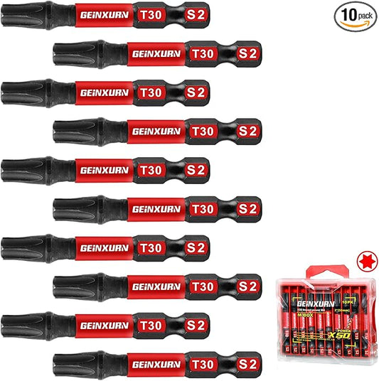 10Pieces 2 In. T30 Impact Tough Magnetic Screwdriver Bit Set, #30 Torx Head Power Bits, S2 Alloy Steel Star Bits with Storage M-Box