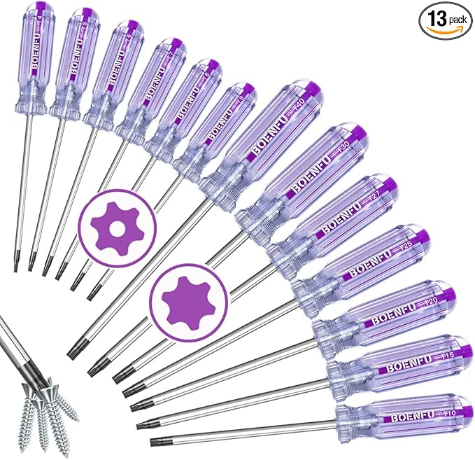 BOENFU Torx Star Screwdriver Set 13 PCS Heavy Duty T10 T20 Torx Security Screwdriver, T5 T15 T6 T8 T25 T30 T7 T27 T40 T9 T4 Star Shaped Drivers Set Fit Tamper Proof Screw, Purple