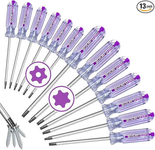BOENFU Torx Star Screwdriver Set 13 PCS Heavy Duty T10 T20 Torx Security Screwdriver, T5 T15 T6 T8 T25 T30 T7 T27 T40 T9 T4 Star Shaped Drivers Set Fit Tamper Proof Screw, Purple