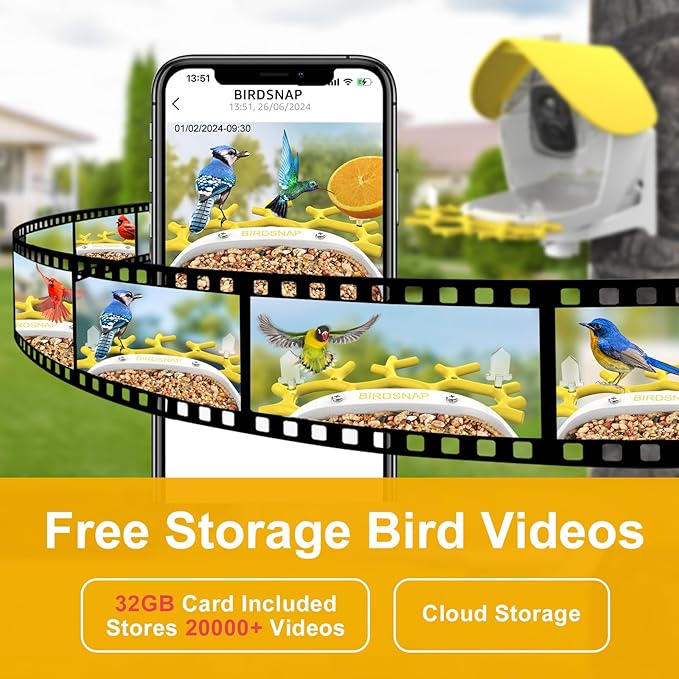 birdsnap® MON - Bird Feeder with Camera, 2K Detachable Video Bird Feeder Live with 32GB Card Fruit Fork, AI Identify Feather Species, Auto Record in Backyard, Ideal Gift for Birds Lover