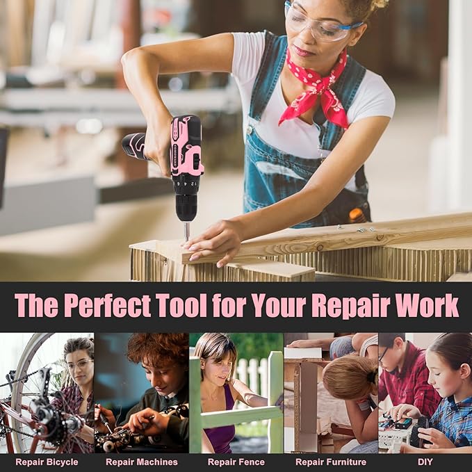 COMOWARE Pink Cordless Drill Set for Women, 12V Lightweight Electric Screwdriver with 3/8" Keyless Chuck, 1.5Ah Battery - Portable Power Drill Kit with Pink Tool Bag for Home DIY Projects