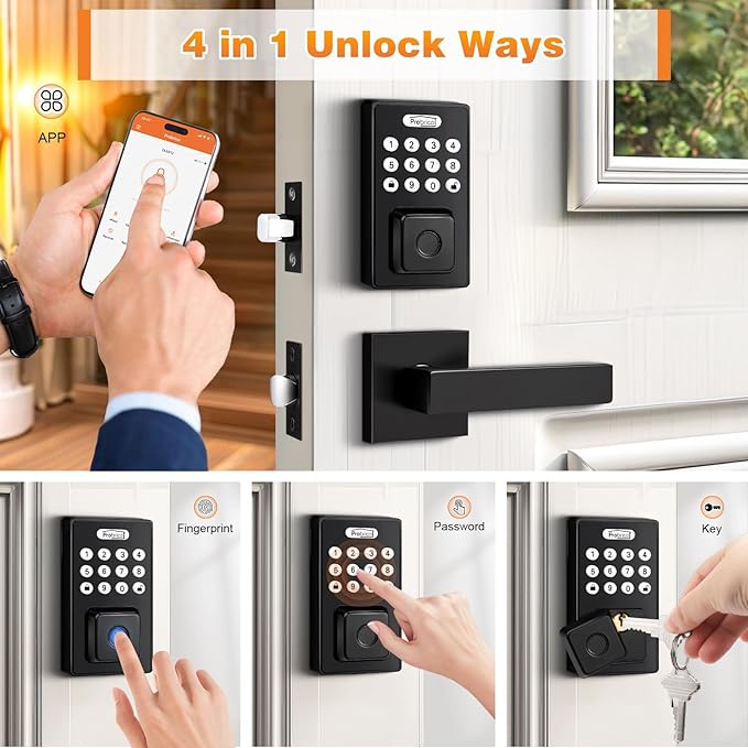 Probrico Smart Door Lock, Keyless Entry with Handle, Black, Biometric, Keypad, Key, App Control, Auto Lock, Contemporary Style
