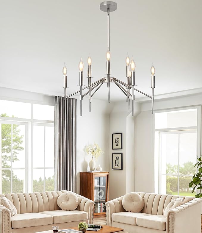 9 Light Brushed Nickel Chandelier for Dining Room Light Fixture, Industrial Modern Farmhouse Chandeliers, Hanging Silver Chandelier for Kitchen Living Room Bedroom Foyer Entryway
