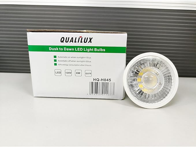 MR16 GU10 Dusk to Dawn Light Bulbs, Daylight 5000K, 50W Equivalent, 500LM, Auto On/Off Light Sensor Bulb, Non-dimmable, LED 6W 4 Pack, HQ-H045