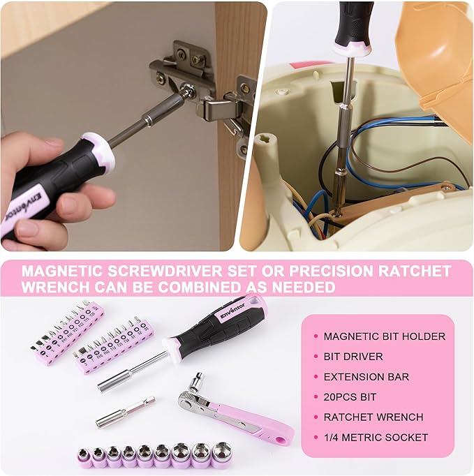Enventor Pink Tool Kit Set for Women, 146PCS General Household Hand Tool Kit with Storage Toolbox, Ladies Small Basic Tool Kits for Home Maintenance, DIY Projects