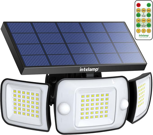 intelamp Solar Outdoor LED Flood Light with 4 Lighting Modes & Remote Control, Dual 180° Motion Sensor, 1200LM, High-Efficiency Panel, 6000mAh Battery, IP65 Waterproof for Garden Patio Yard Security