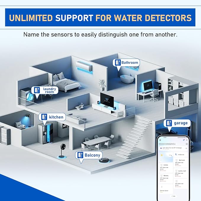 BSEED WiFi Water Leak Detector 5 Pack, Smart Water Sensor with Cable, 85dB Audio/App/SMS/Email Alarm, Rapid Leak Detection for Home, Kitchen, Bathroom, Basement, IP65 Waterproof, No Hub Required