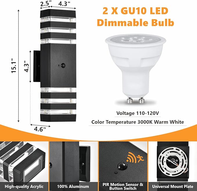 DASTOR Motion Sensor Outdoor Wall Lights 2 Pack, Dusk to Dawn Outdoor Lighting 3-Layer Exterior Porch Light Fixtures, Up and Down Outside Lights for House Garage