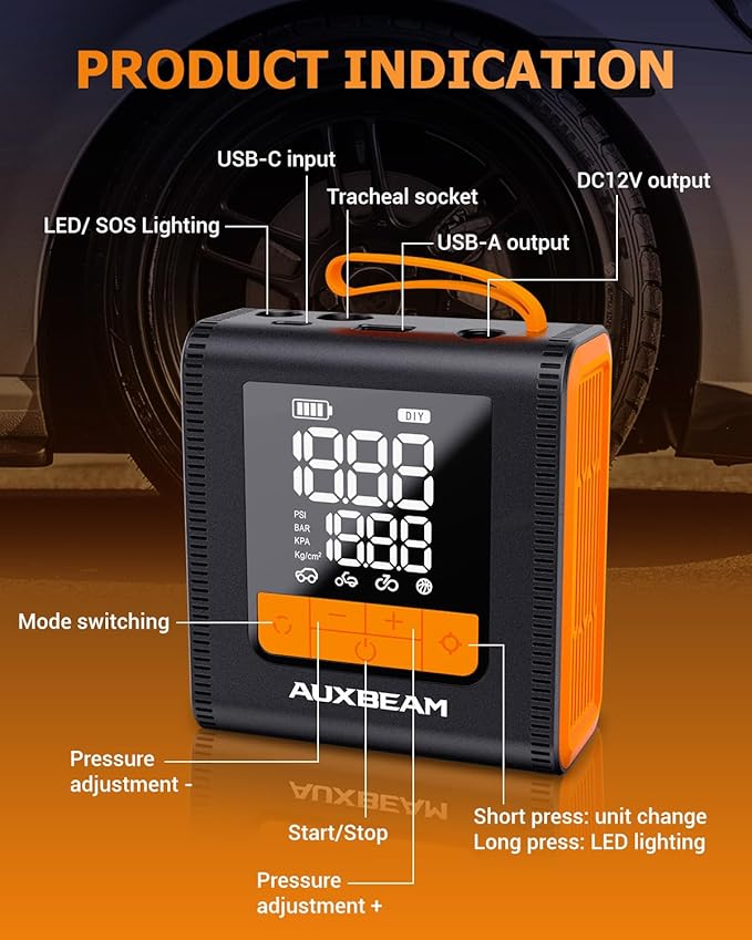 AUXBEAM H4 Portable Air Compressor, 150PSI 4000mAh Car Tire Inflator Pump, 12V 4 Preset Inflation Modes, Cordless Smart Air Pump With LCD Screen for Car, Motorcycle, Bike, Ball