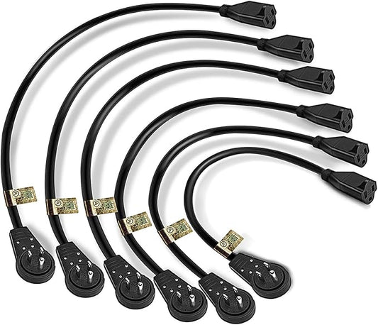 Nekteck 360° Rotating Flat Plug Extension Cord, 1 Foot, 14AWG 3 Prong, Low Profile Right Angle Power Cord Grounded Wire, UL Certified, Black (6 Pack)