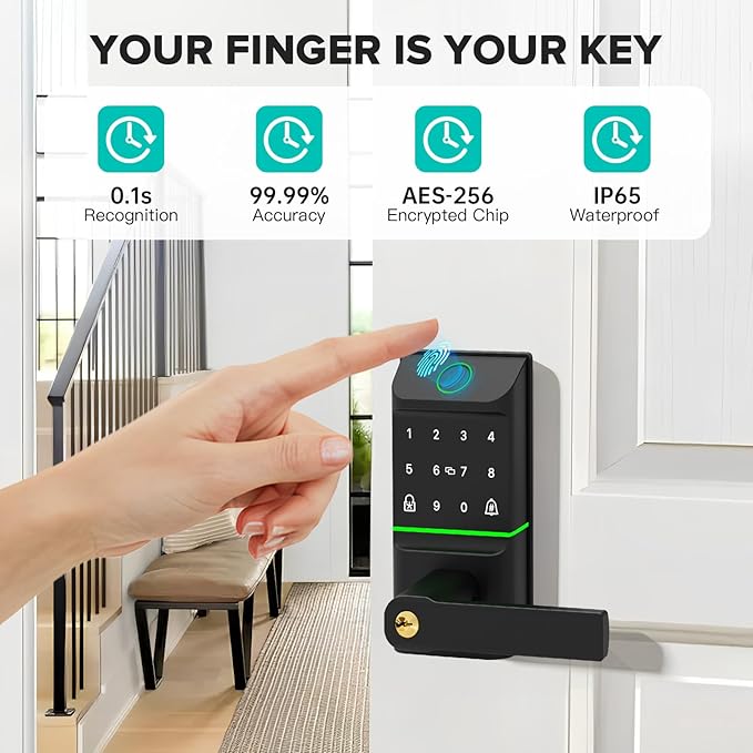 Smart Door Lock Keyless Entry 6 in 1 Electric Biometric Digital Deadbolt APP Fingerprint Touchscreen Keypad IC Card Key Type-C Charging Unlocking for Front Doors Home