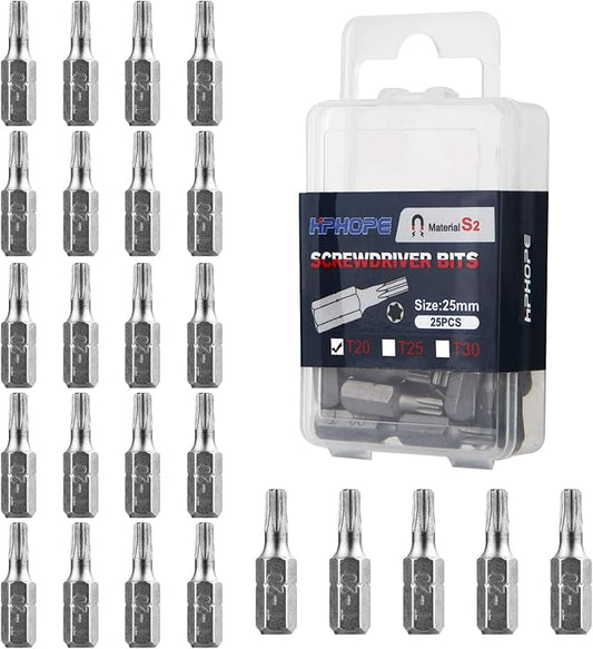 HPHOPE T20 Screwdriver Bit Set, Torx Bits T20, 1/4" Hexagon Bit (Length: 1", 25 Pack)