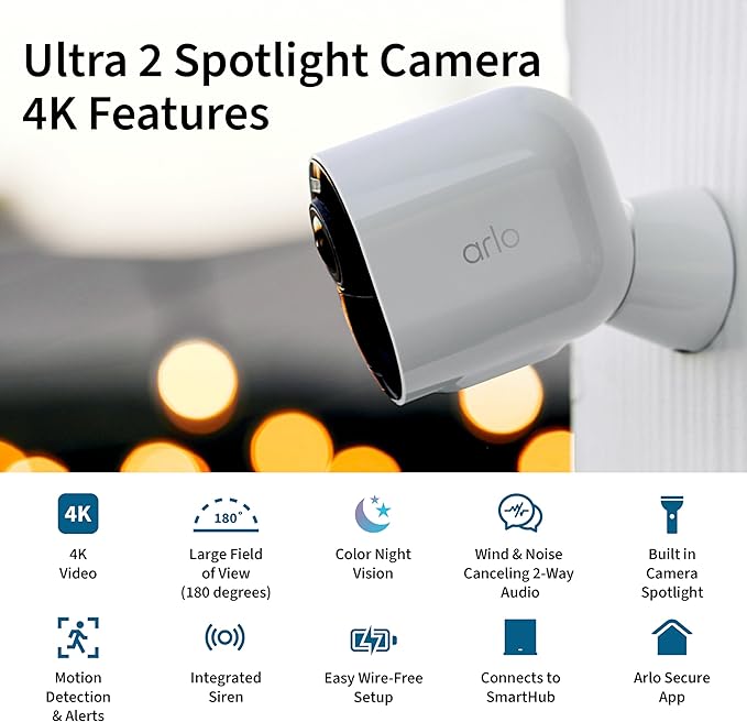 Arlo Ultra 2 Spotlight Camera 4K HDR (Camera only, SmartHub Sold Separately & is Required to Operate | Wireless Home Security Camera | Color Night Vision, Motion Sensor, 180º View, 2-Way Audio, Black