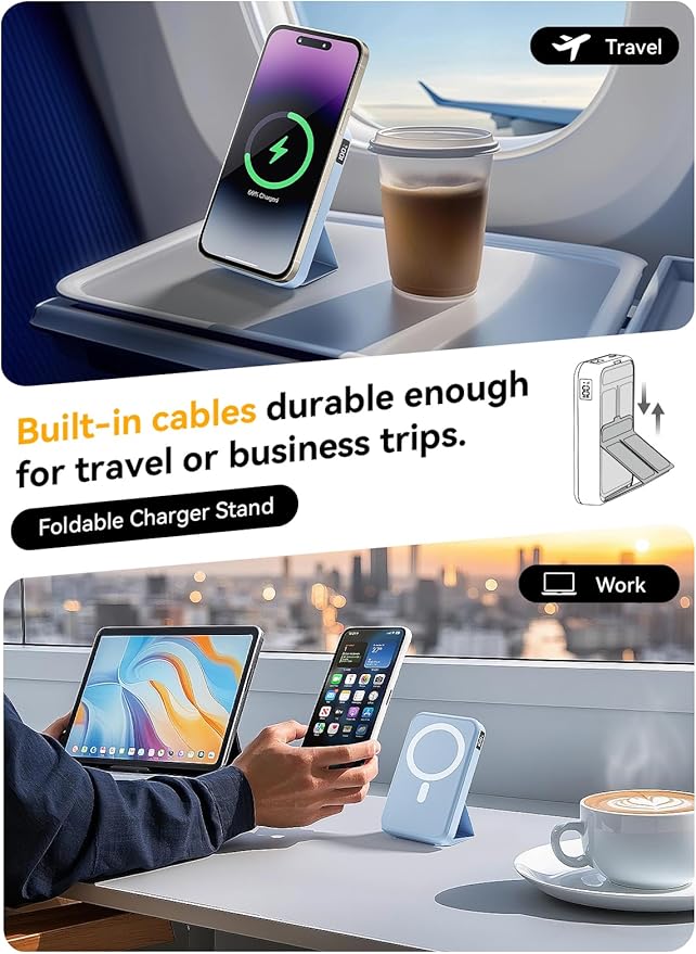 Magnetic Portable Charger, 10000mAh Wireless Power Bank with 20W USB-C Fast Charging, Foldable Stand & LED Display Magnetic Battery Pack, Compatible with iPhone 16/15/14, Sky Blue