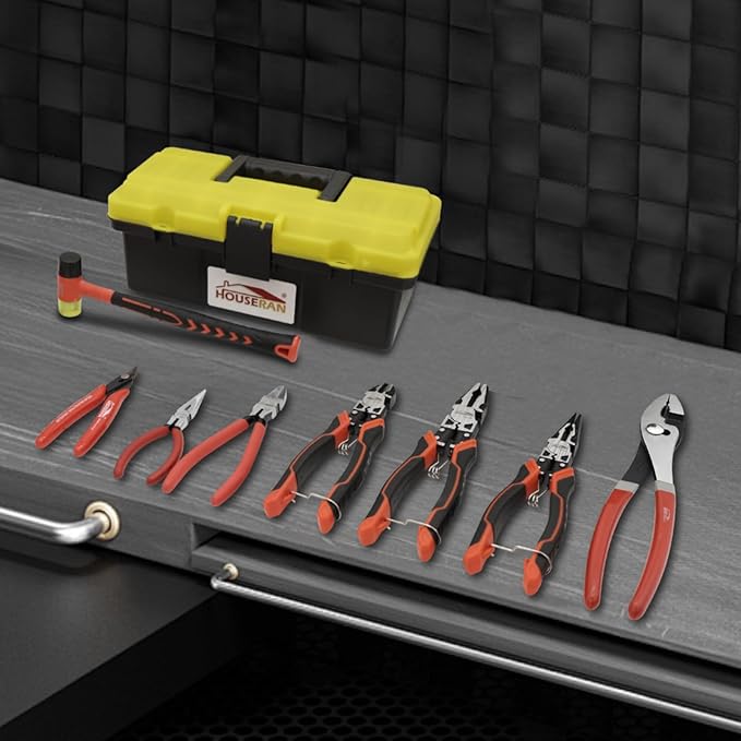 8-Piece Tool Set with Case Including 10” Slip Joint Pliers, 8.3” Long Nose, 8.3” Linesman, 7.5” Diagonal, 6” Flush Cutter, 5” Long Nose, 5” 170 Cutter, 25mm Rubber Mallet for DIY & Home Use
