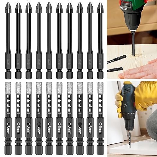 20Pcs 6mm Diamond Drill Bits Set Versatile Ceramic Tile Drill Bits with Quick Change Hex Shank Dry Diamond Core Drilling Tool for Concrete Marble Glass Tile