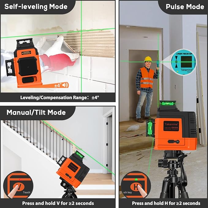 Takamine 12 Lines Laser Level Self Leveling 3x360° 3D Green Cross Line for Construction/Picture Hanging, Remote Controller, Rechargeable Li-ion battery, Magnetic Stand and portable bag
