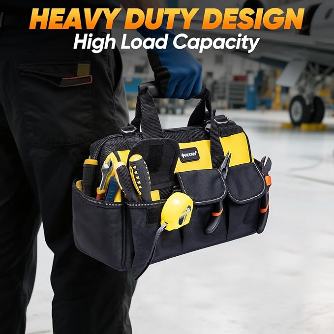 TICONN Heavy Duty Tool Bag with Multi-Pockets, Portable Tool Box Organizer Storage Bag, with Adjustable Shoulder Strap and Ergonomic Handle (Yellow, 14" Standard Base)