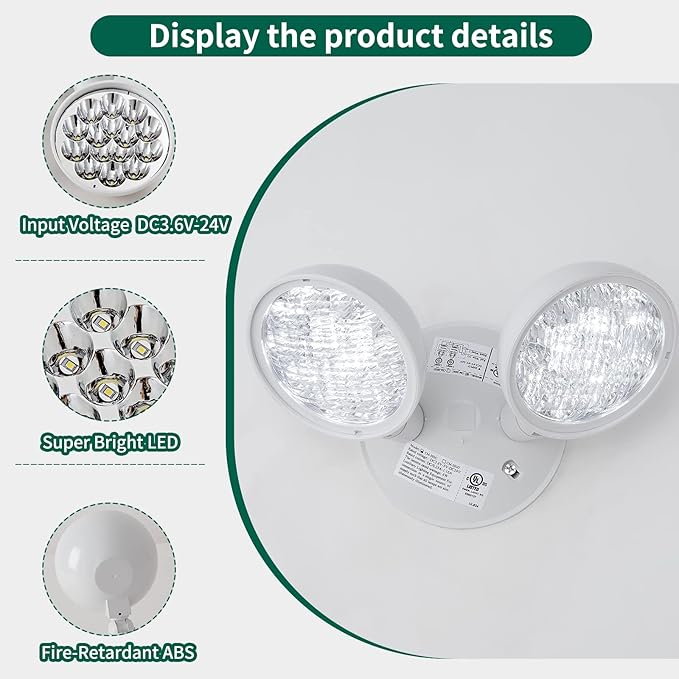 GZRUIYANG Emergency Remote Head Lighting, Double Round Head Emergency Light, UL Listed, Multi Voltage 3.6 to 24 Volt Input, 2 * 3 Watts, 180 Lumen, No Battery Inside