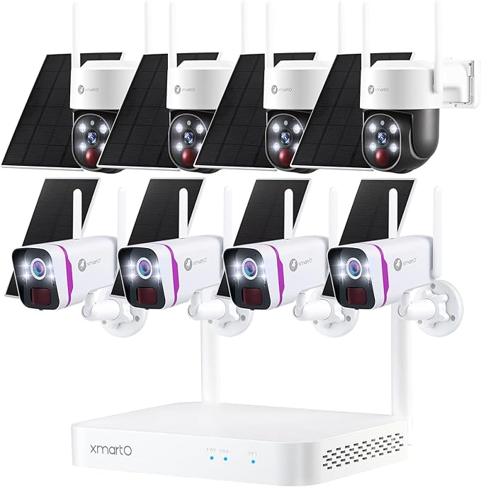 XMARTO 100% Wire-Free Solar Home Security Camera System Wireless, 4-Set 2K CCTV Camera Kit with 4K 10CH Expandable WiFi NVR + 4PCS Wire-Free PTZ Solar Security Camera