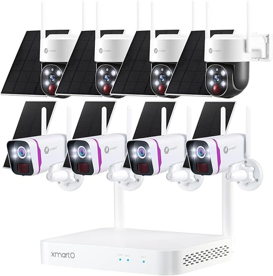 XMARTO 100% Wire-Free Solar Home Security Camera System Wireless, 4-Set 2K CCTV Camera Kit with 4K 10CH Expandable WiFi NVR + 4PCS Wire-Free PTZ Solar Security Camera