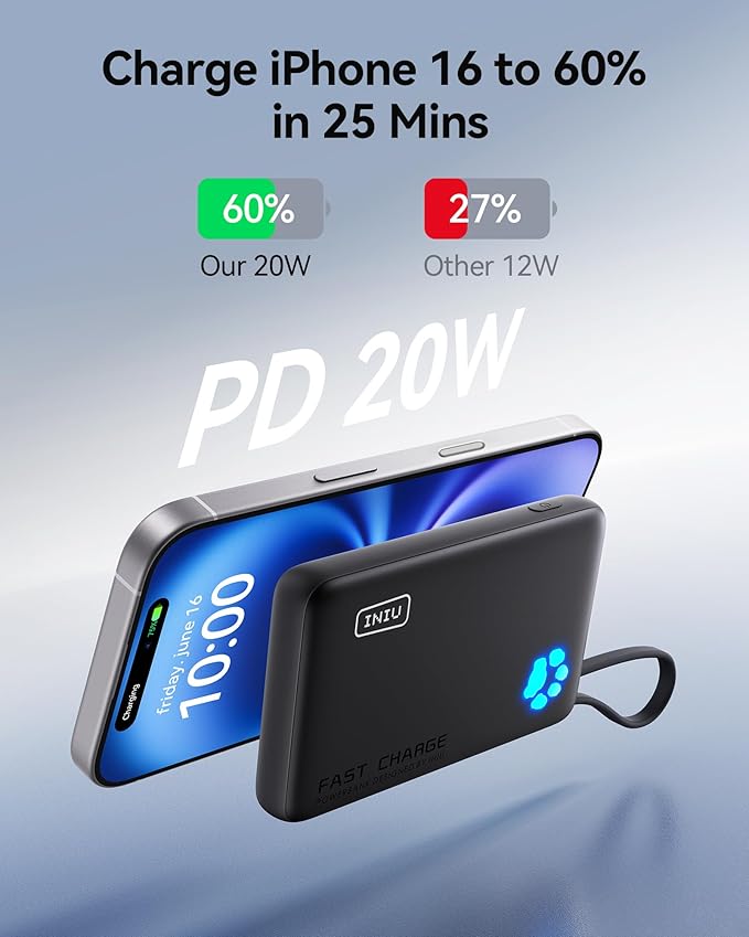 INIU Portable Charger, Slim 10000mAh Power Bank with Build in USB-C Cable, 20W Fast Charging Small Phone Charger, Flight Cruise Ship Trip Accessories Essentials for College Student Boy Girl, Yellow