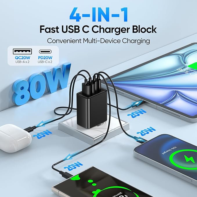 [2-Pack] USB C Wall Charger,80W 4-Port Type C Fast Charging Block,USBC Multiport Wall Plug PD&QC GaN Charging Cube with USB C Cable for iPhone 16/15/14/13/12/11/Pro Max/XS/XR, iPad, Samsung（Black
