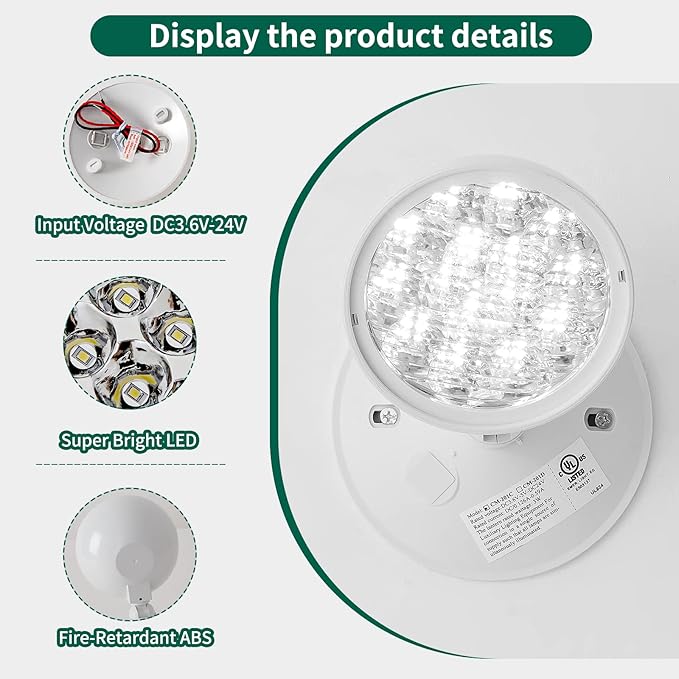 GZRUIYANG Emergency Remote Head Lighting, Single Round Head Emergency Light, UL Listed, Multi Voltage 3.6 to 24 Volt Input, 3 Watts, 180 Lumen, No Battery Inside