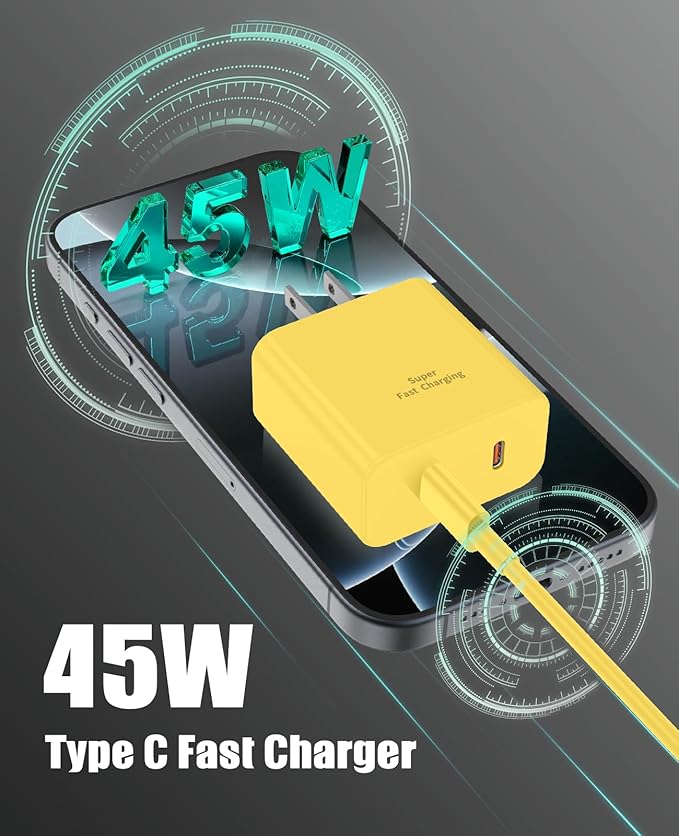 2 Pack 45W Super Fast Charger Type C for Samsung, USB C Android Phone Charger Fast Charging Block with 6FT/10FT Type C Charger Cord for Samsung Galaxy S25/S24/S23/S22+ Ultra/iPhone 17/16/15-Yellow